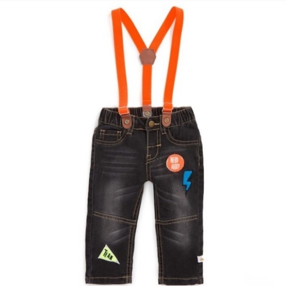 Rosie Pope Baby Boy Black Jeans Suspenders Appliqués NWT Size 0-3 months - Picture 1 of 10